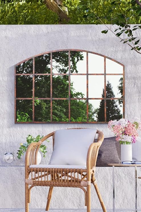 MirrorOutlet Large Metal Rustic Arched Shaped Window Garden Outdoor Mirror New 90cm X 56cm, Brown, (GM071)