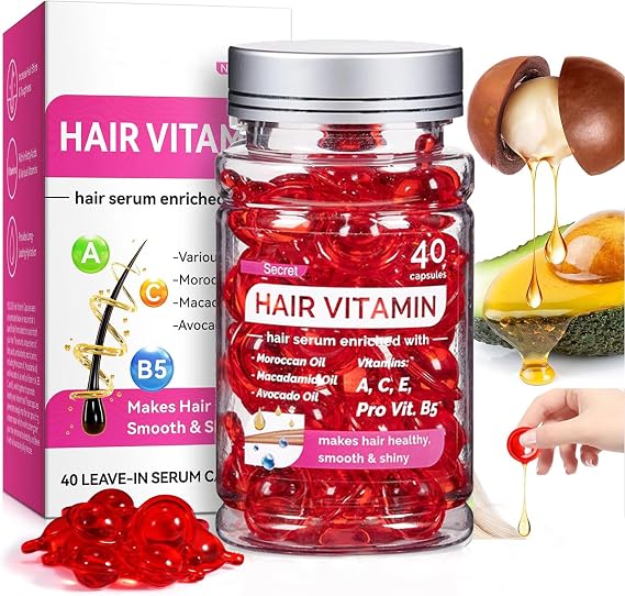 Capsules for hair care 40 Pcs Hair Vitamin Serum Capsule Hair Vitamins Hair Serum, Enriched with Moroccan Oil, Macadamia Oil, Avocado Oil Makes Hair Smooth and Shiny