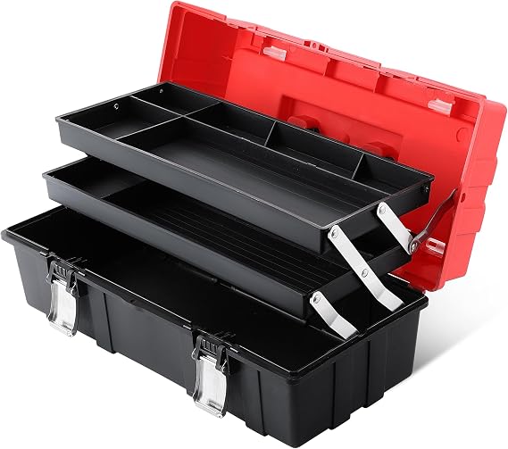 Tool Box 17-Inch, MAXPOWER Lightweight Cantilever Tool Box Organiser Plastic Storage Folding Toolbox with Three-Layer Cantilever Tray and Dividers