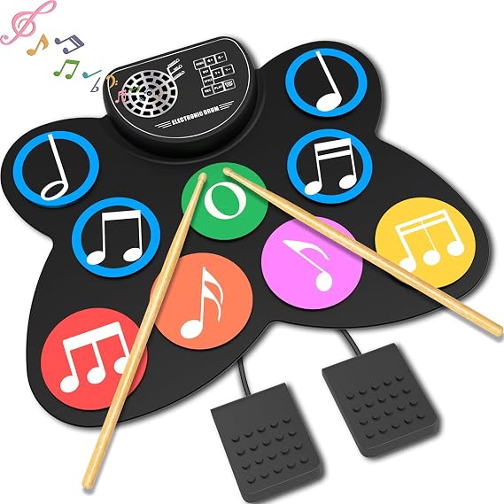 Children's Electronic Drum Kit with 9 Drum Pads 7 Timbres 10 Demo Tracks & 9 Rhythms Idea for Beginners and Children Drum Kit with Drum Sticks Foot Pedal