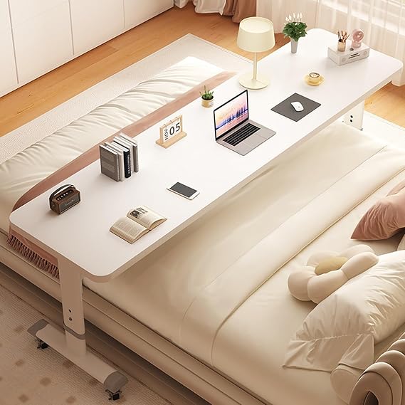 White Overbed Table with Lockable Wheels, Height Adjustable Over Bed Desk, Mobile Over The Bed Table Crossbed Nursing Table Computer Table for Eating On Bed(180x40cm/70.8x15.7in)