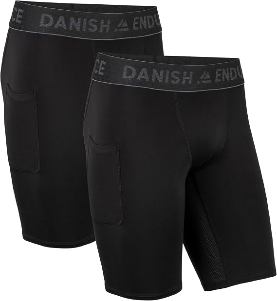 DANISH ENDURANCE Men's Compression Shorts, Moisture Wicking, 2-Pack | Compression Shorts, Moisture Wicking with 4-Way Stretch & Pockets for Running, Gym & Training
