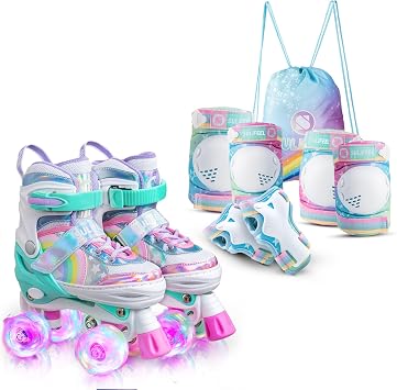 SULIFEEL Rainbow Unicorn Roller Skates for Kids with Adjustable Protective Gear Set Dazzle Small