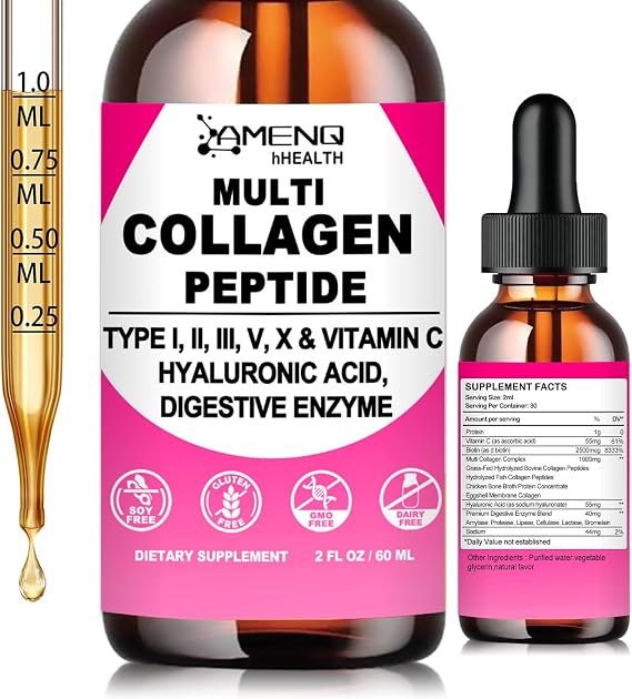 Liquid Collagen for Women & Men, Hydrolyzed Multi Collagen Peptides Drops | Types I, II, III, V & X Collagen Protein Complex (Colageno) with Hyaluronic Acid, Biotin & Vitamin C for Hair, Skin & Nails