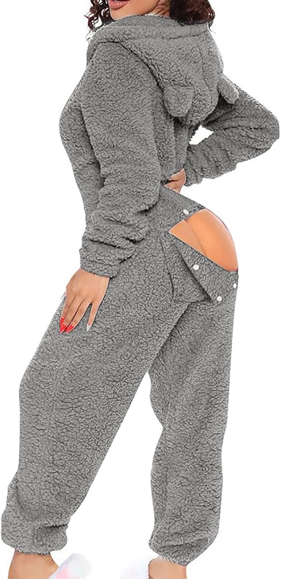 Women One Piece Fuzzy Warm Sherpa Hooded Pajamas Jumpsuit Onesie Butt Flap Women Adult Sleepwear