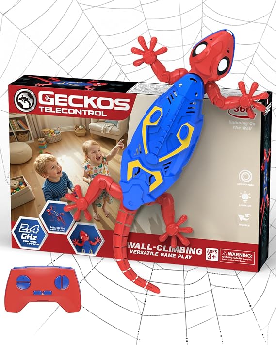 Wall Climbing Gecko RC Toys Birthday Gift for Boy Girl Ages 3-12 | Strong Suction & Low Noise, Rechargeable Remote Control Lizard with Glowing LED Eyes, Electric Wall Crawler for Kids