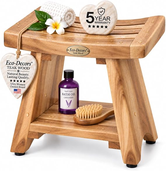 EcoDecors 18" Teak Shower Bench with Shelf, Solid Teak Wood Shower Stool