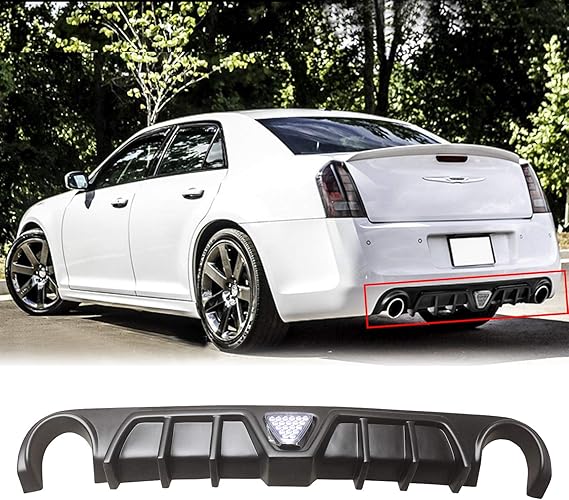NINTE Rear Diffuser for 2012-2014 Chrysler 300 SRT SRT8 with Real LED Light Shark Fin ABS Matte Black Lower Bumper Lip