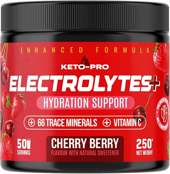 Keto-Pro Keto Electrolytes 250g - 50 Servings | Electrolyte Powder &amp; Salts with 66 Trace Minerals | Supports Your Fasting, Health &amp; Fitness Goals | Cherry Berry Flavour