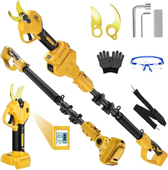 Pruning Shears with Pole for Dewalt 20V Max Battery, No Battery | Brushless Cordless Pruners, 9ft Extension Poles, 15ft Reach, 1.2" Cutting Diameter, SK5 Blade, LCD Display, for Tree Trimming