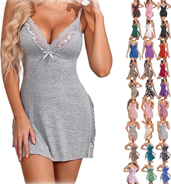 CLOUDEMO Lace Trim Sleep Dress, Lace Trim Slit Bowknot Decor Sleep Dress, Side Slit Nightgown, Gifts for Friends