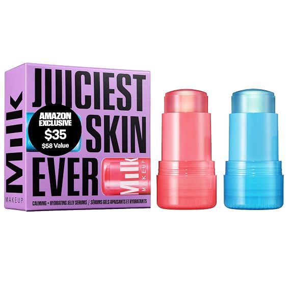 Milk Makeup Calming + Hydrating Jelly Skincare Serum Set Reduce the Look of Puffiness + Redness, Brighten Skin + Minimize Look of Pores + Lines Cooling Water + Watermelon Jelly, 0.21 oz each