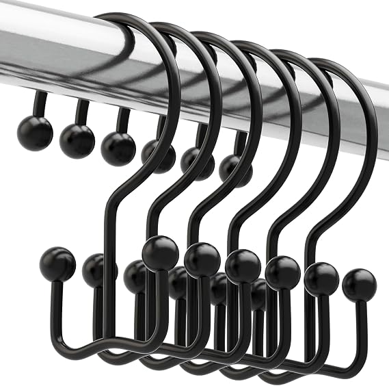 Titanker Shower Curtain Hooks Rings, Rust Resistant Metal Minimalist Simple Double Glide Shower Hooks Rings for Bathroom Shower Rods Curtains, Set of 12 Hooks - Black