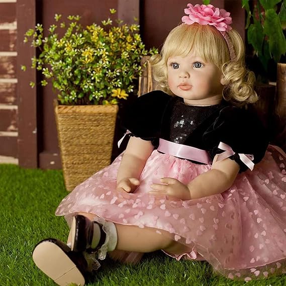 24 Inch Realistic Reborn Toddler Girl Doll, Open Eyes Blonde Curly Hair Weighted Vinyl Doll, Newborn Baby Dolls with Toy Accessories Toy Gift for Kids Collectors
