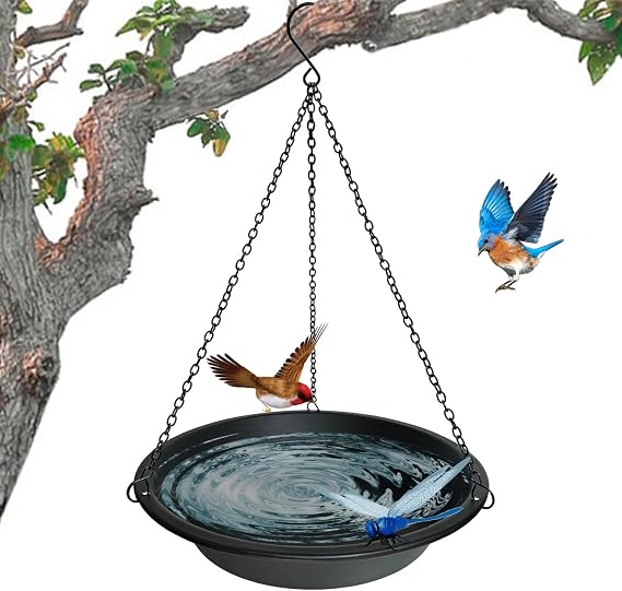 Hanging Bird Bath for Outdoors 11.4 inch Birdbath Bowl Window Birds Feeder | Rust-Proof Hanging Chains,Weather-Resistant Iron,2-in-1 Water & Seed Tray,Tool-Free Hanging,Patio Lawn Balcony Decor