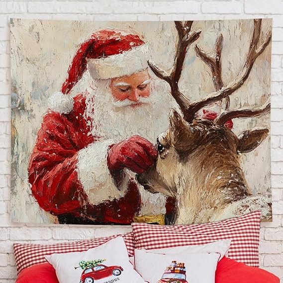 YTRGI Christmas Reindeer and Santa Claus Tapestry, Christmas Room Decor, Vintage Santa Deer Holiday Winter Xmas Tapestry Wall Hanging Blanket for Home Bedroom Living Room Decoration, 50x60 Inch