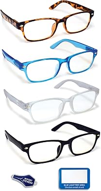 Boost Eyewear Blue Light Blocking Reading Glasses, 4 Pack, Assorted Colors