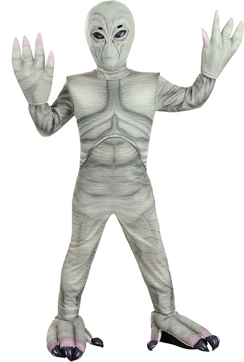 Kids Alien Costume | Gray Extraterrestrial Invader Child Outfit with Mask and Gloves - Grey Area 51 UFO Spaceship Pilot