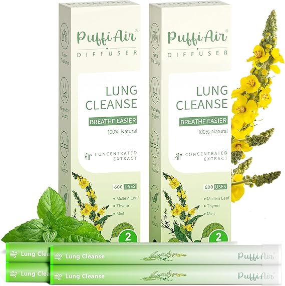 Puffiair Herbal Diffuser Pen, Mullein Flavoured Lung Cleanse Inhaler | 12cm Nicotine-Free Herbal Purifier with Mullein, Thyme & Mint Extracts, 2 Suction Nozzle, 2400 Uses
