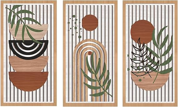 Yixuan 3-Piece Boho Wall Art Set, Lightweight Hollow Geometric Sculpture for Living Room, Bedroom, Hallway, Tropical Laser-Cut Wooden Wall Decor, Nature Inspired Home Decor, Wall Hanging Ornaments