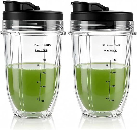 Replacement 18oz Jar Cup with Spout Lid for Nutri Ninja Blender Auto iQ 900w 1000w Series BL640/641/BL642/BL642W/BL642Z (2 Pack, 18oz)