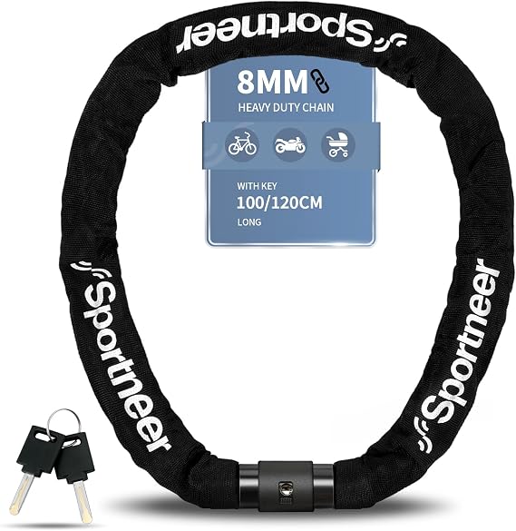 Sportneer Bike Lock: 8mm Thick High Security Anti Theft Bike Chain Lock with 2 Keys- 3.2/4ft Long Heavy Duty Anti-Cut Bicycle Lock for Bike, Motorcycle, Bicycle, Door, Gate, Fence, Grill