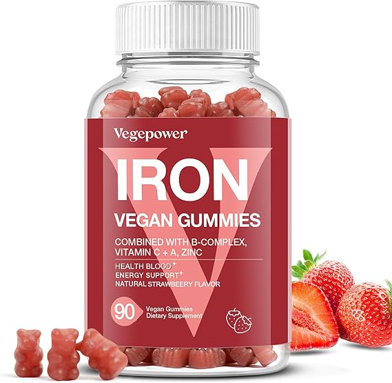 Iron Gummies Supplements for Women & Kids - Vegan, Strawberry, 90 Count