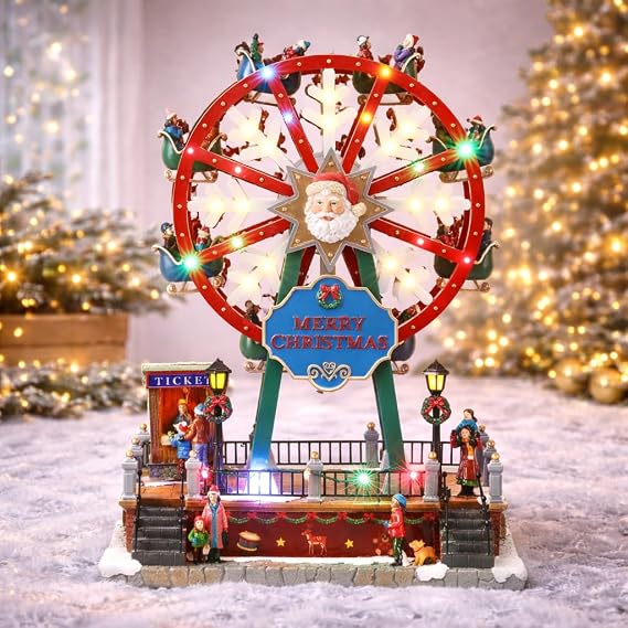 MOMENTS IN TIME Christmas Village Ferris Wheel Animated Musical Carnival Ride Decoration with LED Lights Movement Holiday Centerpiece Adapter Hand Painted Polyresin Decor (14.7H) Classic Carols