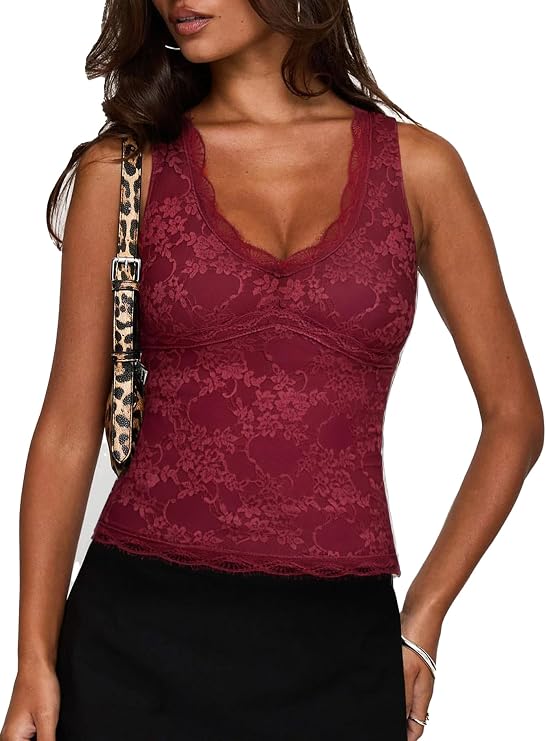 SUUKSESS Women Double Lined Lace V Neck Tank Top Summer Going Out Tops Sexy Trendy Shirts