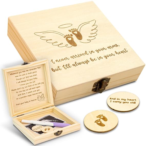 WOODAMORE Miscarriage Memorial Box, Wood Keepsake with 2 Pocket Hugs, Large