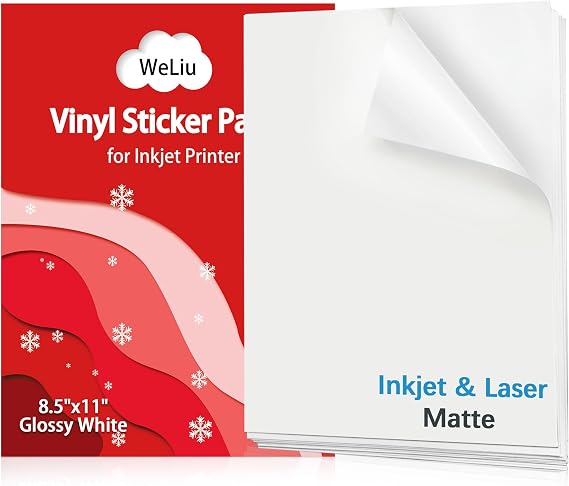 Matte Printable Vinyl Sticker Paper 21 Sheets, Waterproof White Decal Paper for Inkjet & Laser Printers, 8.5" X 11", Quick Dry Vivid Colors, Ideal for Testing & Small Projects