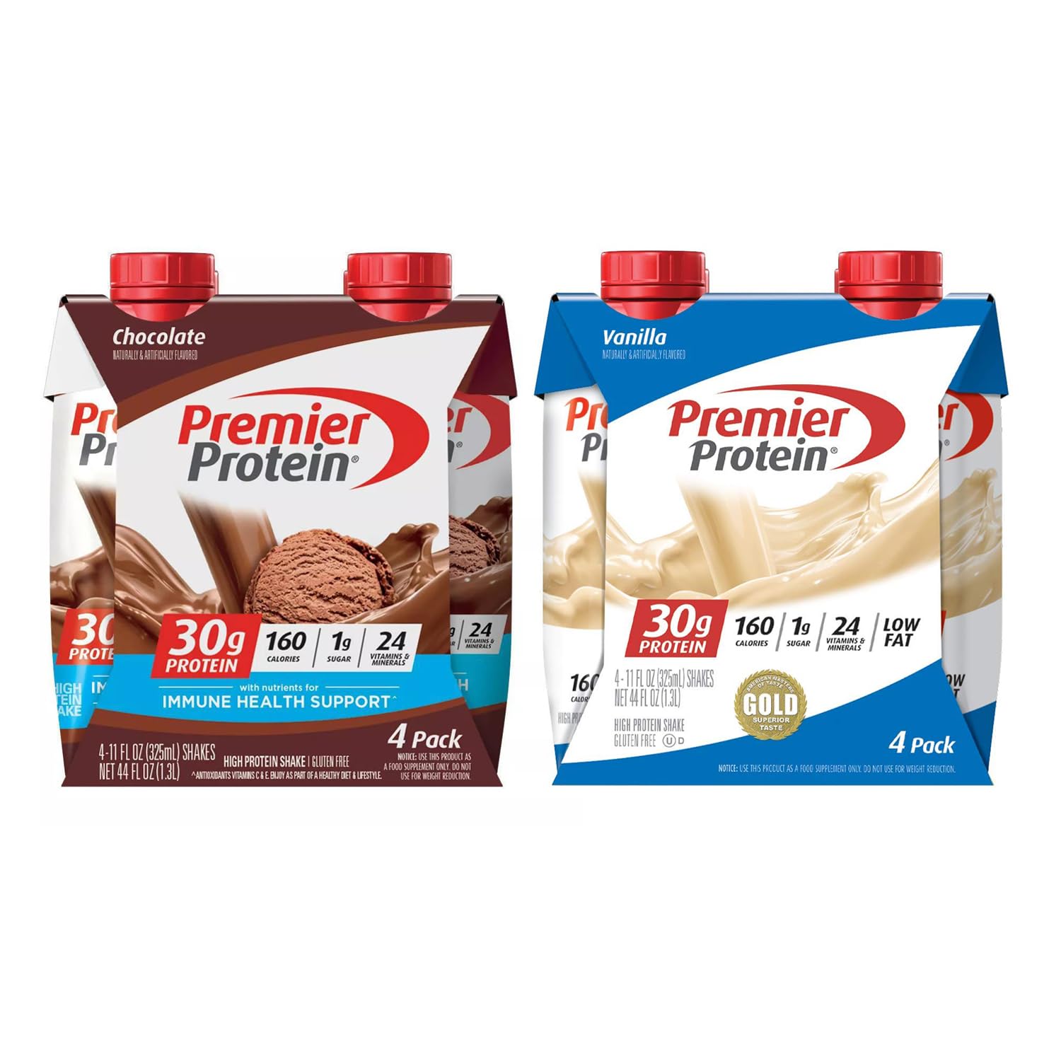 Premier Protein Shake | 30g Protein, 1g Sugar, 24 Vitamins & Minerals, Nutrients to Support Immune Health, 11 Fl Oz | 4x Chocolate, 4x Vanilla | Combo Pack Pack of 8