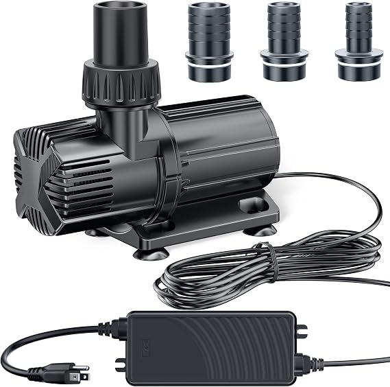POPOSOAP 1600 GPH DC Pond Pump, Safe 24V Low Voltage Quiet Water Pump with AC/DC Converter, 4 Hose Adapters for Garden Ponds, Waterfall,Aquariums, Fountains, Water Features-P06000