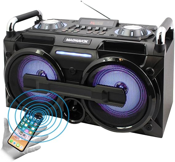 Magnavox MM438 Portable Micro Music System with Color Changing Lights FM Radio and Bluetooth Wireless Technology, USB, AUX , Micro SD Card Slot, 2 Microphone Inputs and Echo Controls, Bass Control