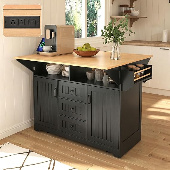 Rolling Kitchen Island with 2 Drop Leaf, Kitchen Cart on Wheels with Power Outlet, Mobile Kitchen Storage Cart, Folding Storage Dining Table, 55 Inch Width (Black)