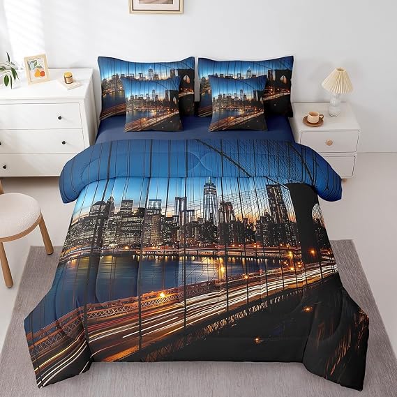 Erosebridal New York Bed in a Bag King Size Comforter Set 7 Pieces,Manhattan Brooklyn Bridge Bedding Sets Sunset Cityscape Sheet Set with Comforter,City Landscape Bed Set