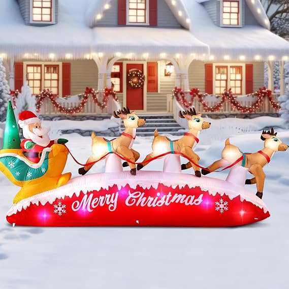 Danxilu 10FT Long Christmas Inflatables Santa Sleigh with 3 Reindeer