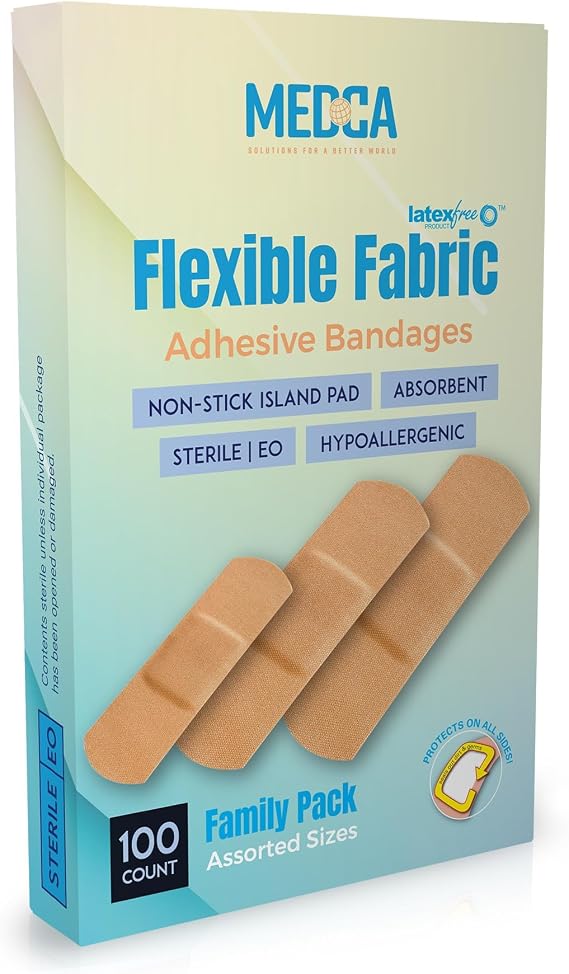 Flexible Fabric Adhesive Bandages for Comfortable Flexible Large Protection & Wound Care of Minor Cuts, Scrapes, Wounds, Assorted Sizes (2-1/4"x5/8", 3" x3/4", 3"x1") - 100 Count Box