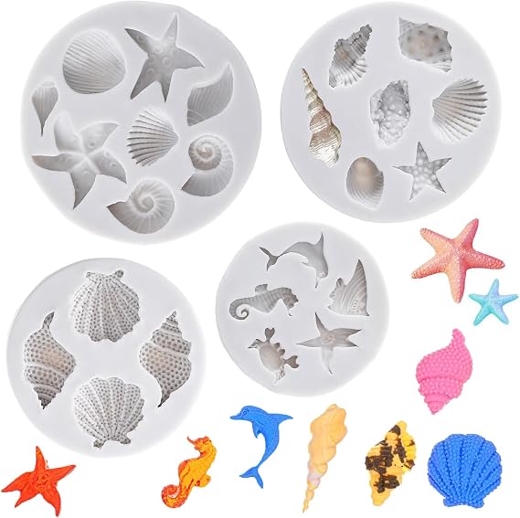 Marine Theme Silicone Mold,4 PCS Fondant Silicone Mold Under The Sea Silicones Moulds 3D Starfish Shell Conch for DIY Cake Decorations Chocolate Making Beach Theme and Fondant Crafting