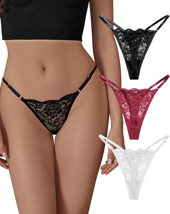 SHARICCA Womens Lace G-String Thongs Adjustable Sexy Lacy Underwear Pack | Breathable Floral Lace Comfortable Low Rise T-Back Thong Panties, Ladies Valentine's Day Gift for Women, Tangas Lingerie