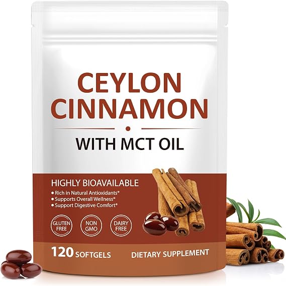 Ceylon Cinnamon SoftGels with MCT Oil, 120 Softgels, 600mg Cinnamomum Verum Extract, Herbal Nutritional Support Natural antioxidants