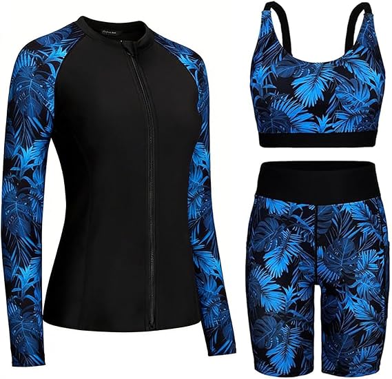 Womens Rash Guard Sets Long Sleeve Swimsuit with Zipper Swim Shorts Two Pockets 3 Piece Bathing Suit 2026 UPF 65+ SPF