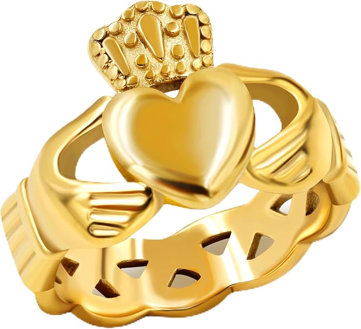 Uloveido Gold Plated Hand Heart Irish Claddagh Ring Love Loyalty Celtic Knot Rings Stainless Steel Wedding Bands