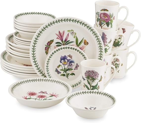 Portmeirion Botanic Garden Dinnerware - Set of 30, Floral Design | Complete 30-Piece Set with Plates, Bowls & 14 oz Flared Tankard Mugs - Safe for Everyday Heating & Storage