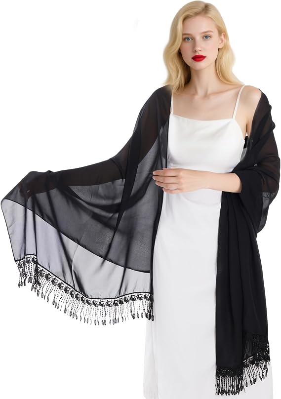 phnydreg Shawls and Wraps for Evening Dresses Chiffon Shawl Wraps for Women with Tassel Lace Wedding Soft Scarf Bridal Shawl
