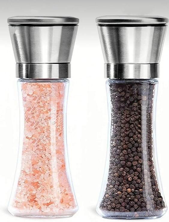 Busstier Stainless Steel Glass Body Spice Mill Set with Lid 2 pieces 19 cm