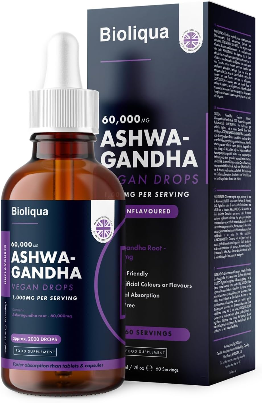 Ashwagandha Supplement Liquid Drops - High Strength of 60,000mg per 60ml Bottle at 4X Concentration - Vegan - 2 Month Supply of Premium Ashwagandha Extract - 60 Servings - Made in UK by Balance