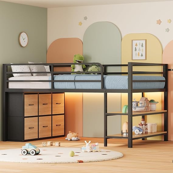ADORNEVE Low Loft Bed Twin Size with 6 Storage Drawers for Kids, Natural