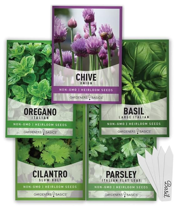 Gardeners Basics Culinary Herb Seeds For Planting Indoors and Outdoors 5 Packets Including Basil, Cilantro, Chives, Oregano, and Parsley - Great for Kitchen Herb Garden Heirloom Seeds