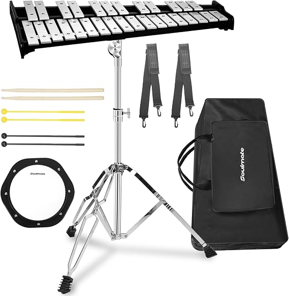 Soulmate 30 Notes Glockenspiel Xylophone Bell Kit with 8'' Drum Practice Pad Professional Percussion Instrument for Adults & Beginner Students
